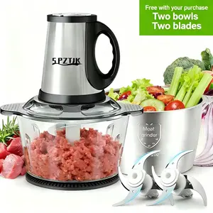 SPZTJK 2L Baby Food Processor & Meat Grinder - 2 Free Dishwasher-Safe Blades & Bowls, Pure Copper Motor for Homemade Puree/Nuts/Meat, BPA-Free & Quiet Design for Family Cooking