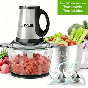 SPZTJK 2L Baby Food Processor & Meat Grinder - 2 Free Dishwasher-Safe Blades & Bowls, Pure Copper Motor for Homemade Puree/Nuts/Meat, BPA-Free & Quiet Design for Family Cooking