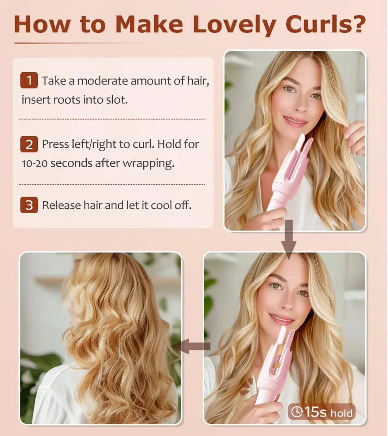 New Upgrade Automatic Curling Iron with 3 Temperatures Frizz-Free Smooth Shiny Hair, Anti-Scald-Tangle for Long Hair Auto Shut-Off Comfortable Hair Care Easy Operation Hair Styling Tool for Women & Home Use valentine gifts Bidirectional Rotation