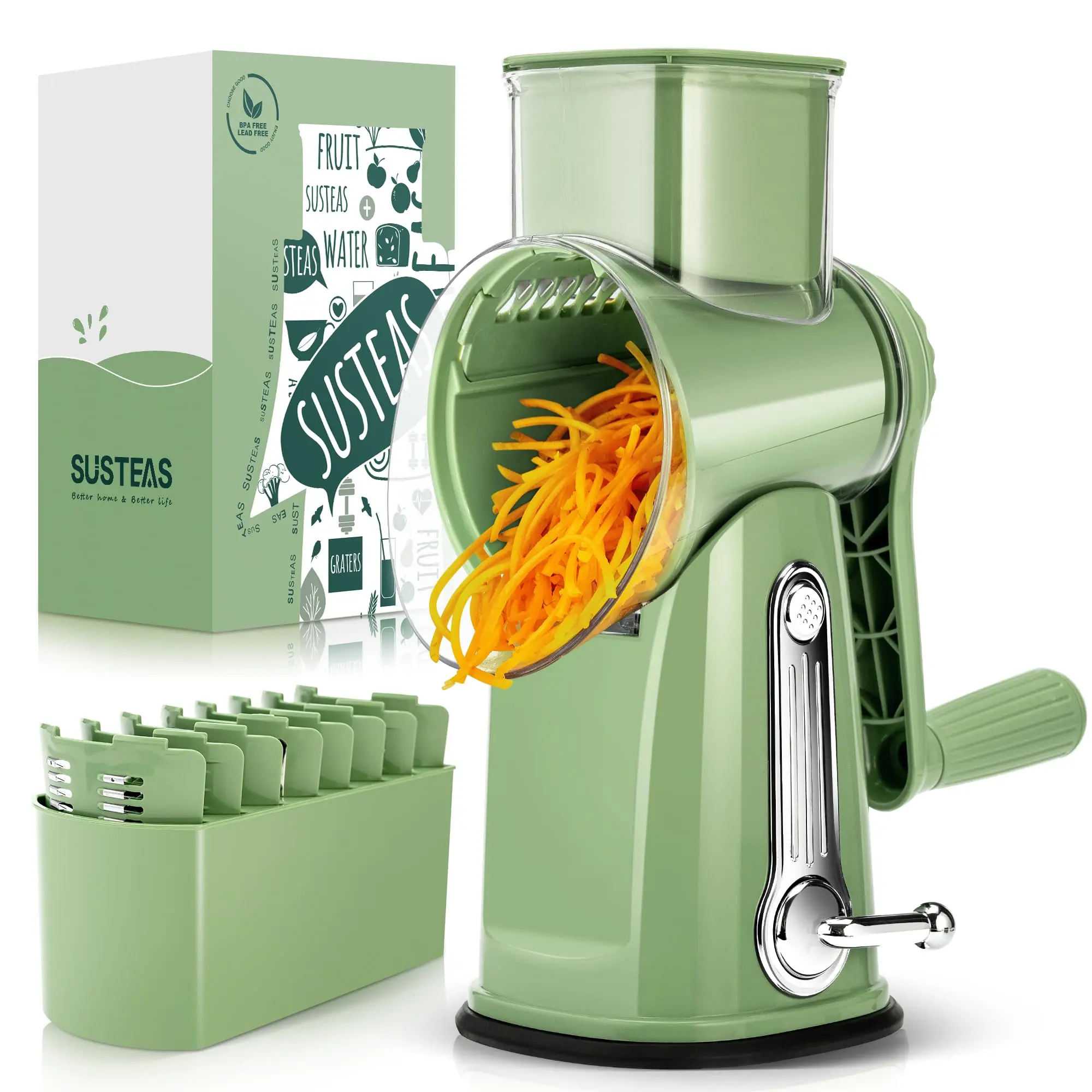 SUSTEAS Rotary Cheese Grater with Handle, 5 Well-Designed Blades, Strong Suction Cup Base, Kitchen Utensils Vegetable Slicer Dicer Fruit Vegetable Slicer Gadgets Kitchen