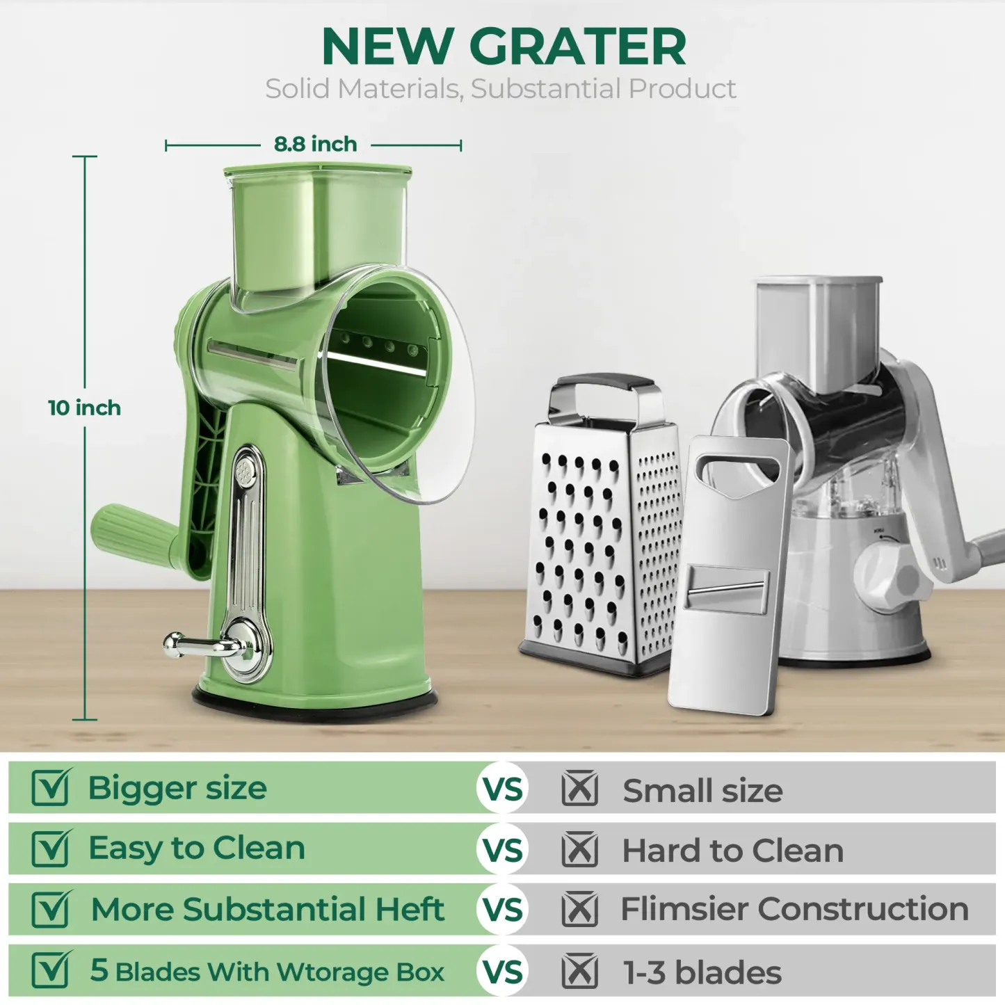 SUSTEAS Rotary Cheese Grater with Handle, 5 Well-Designed Blades, Strong Suction Cup Base, Kitchen Utensils Vegetable Slicer Dicer Fruit Vegetable Slicer Gadgets Kitchen