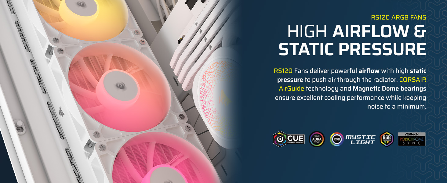 High airflow; RS120 ARGB fans; high static pressure; magnetic  dome bearings; corsair airguide