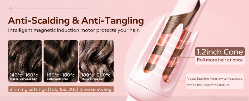 New Upgrade Automatic Curling Iron with 3 Temperatures Frizz-Free Smooth Shiny Hair, Anti-Scald-Tangle for Long Hair Auto Shut-Off Comfortable Hair Care Easy Operation  Hair Styling Tool for Women & Home Use valentine gifts Bidirectional Rotation