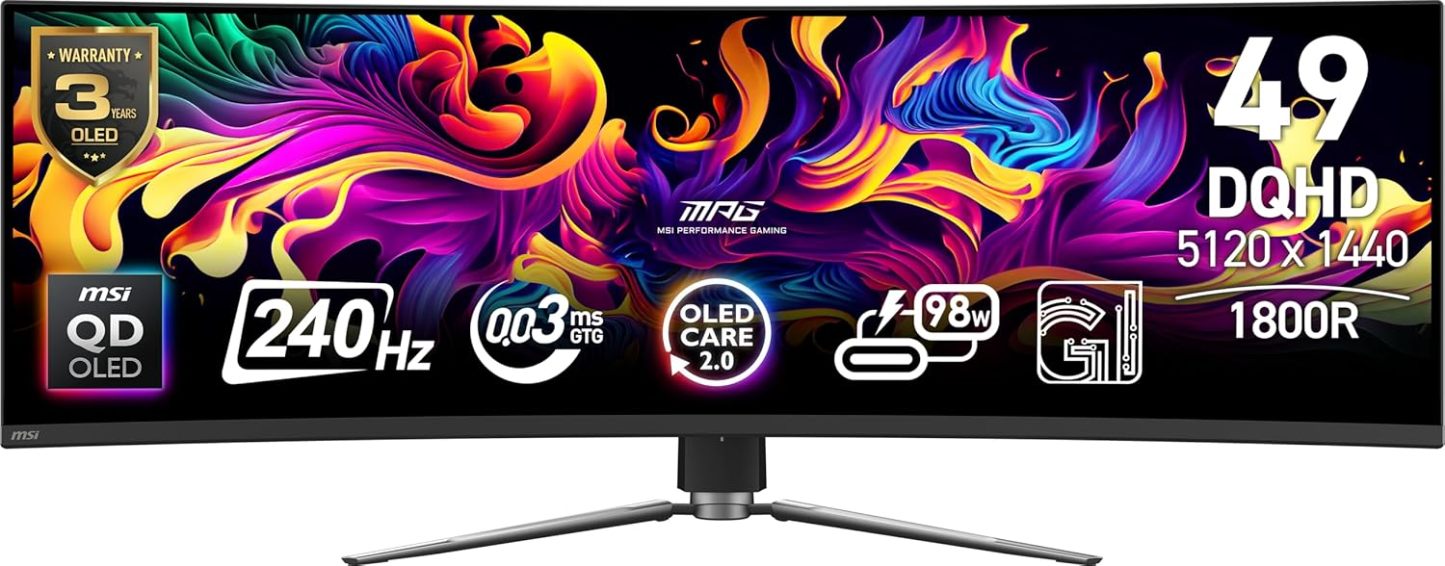 msi MPG 491CQP QD-OLED, 49 Curved OLED Gaming Monitor, 5120 x 1440 (DQHD), 0.03ms Response time, 144Hz, True Black HDR 400, HDMI, DP Port, USB Type C, Tilt, Height