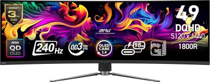 msi MPG 491CQP QD-OLED, 49 Curved OLED Gaming Monitor, 5120 x 1440 (DQHD), 0.03ms Response time, 144Hz, True Black HDR 400, HDMI, DP Port, USB Type C, Tilt, Height