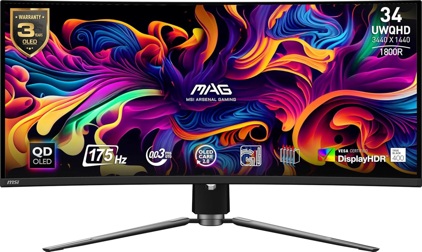 msi MPG 491CQP QD-OLED, 49 Curved OLED Gaming Monitor, 5120 x 1440 (DQHD), 0.03ms Response time, 144Hz, True Black HDR 400, HDMI, DP Port, USB Type C, Tilt, Height