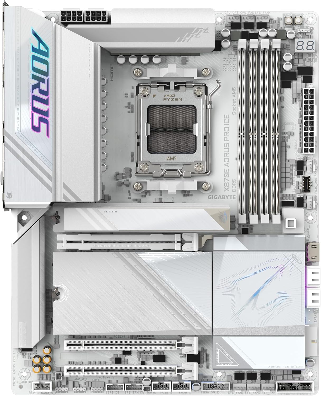 GIGABYTE X870E AORUS PRO ICE Motherboard - Supports AMD Ryzen 9000 CPUs, 16+2+2 Phases Digital VRM, up to 8000MHz DDR5 (OC), PCIe 5.0x3, Wi-Fi 7, 2.5GbE LAN, USB 4