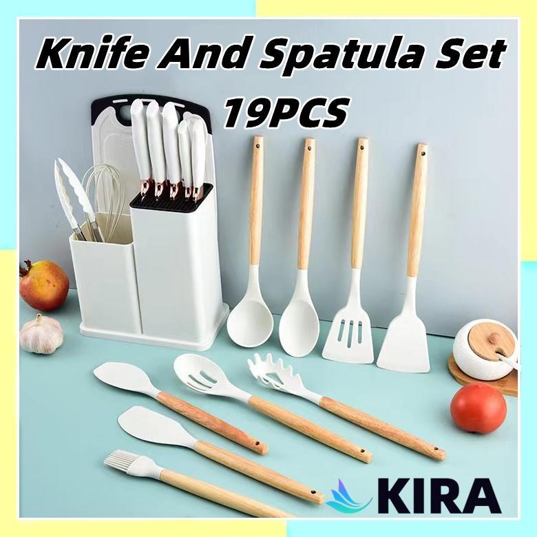 KIRA 19PCS silicone kitchen utensils set Spatula For Non Stick Pan Shovel Wooden Handle Cooking Tools Set Cutting Board