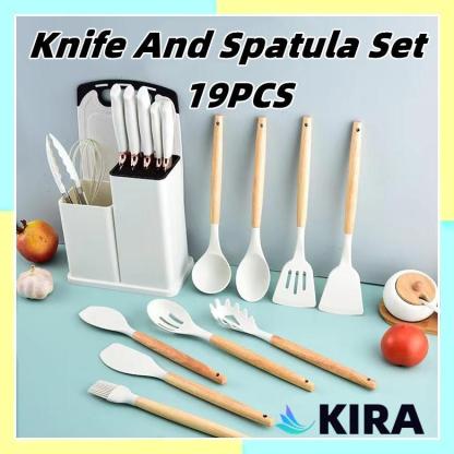 KIRA 19PCS silicone kitchen utensils set Spatula For Non Stick Pan Shovel Wooden Handle Cooking Tools Set Cutting Board