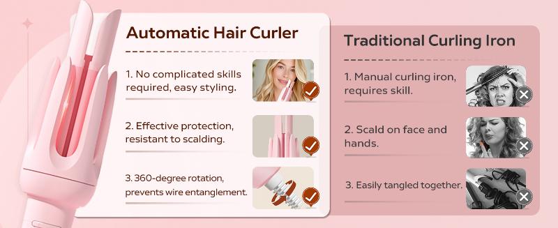 New Upgrade Automatic Curling Iron with 3 Temperatures Frizz-Free Smooth Shiny Hair, Anti-Scald-Tangle for Long Hair Auto Shut-Off Comfortable Hair Care Easy Operation  Hair Styling Tool for Women & Home Use valentine gifts Bidirectional Rotation