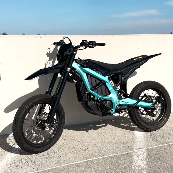 Custom Surron Light Bee Electric Supermoto | Tiffany Blue Frame, 17" Street Tires, Full Street Legal Ready