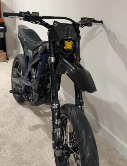 Custom Midnight Blue Surron Light Bee Supermoto | Yellow Headlight, Stealth Urban Build
