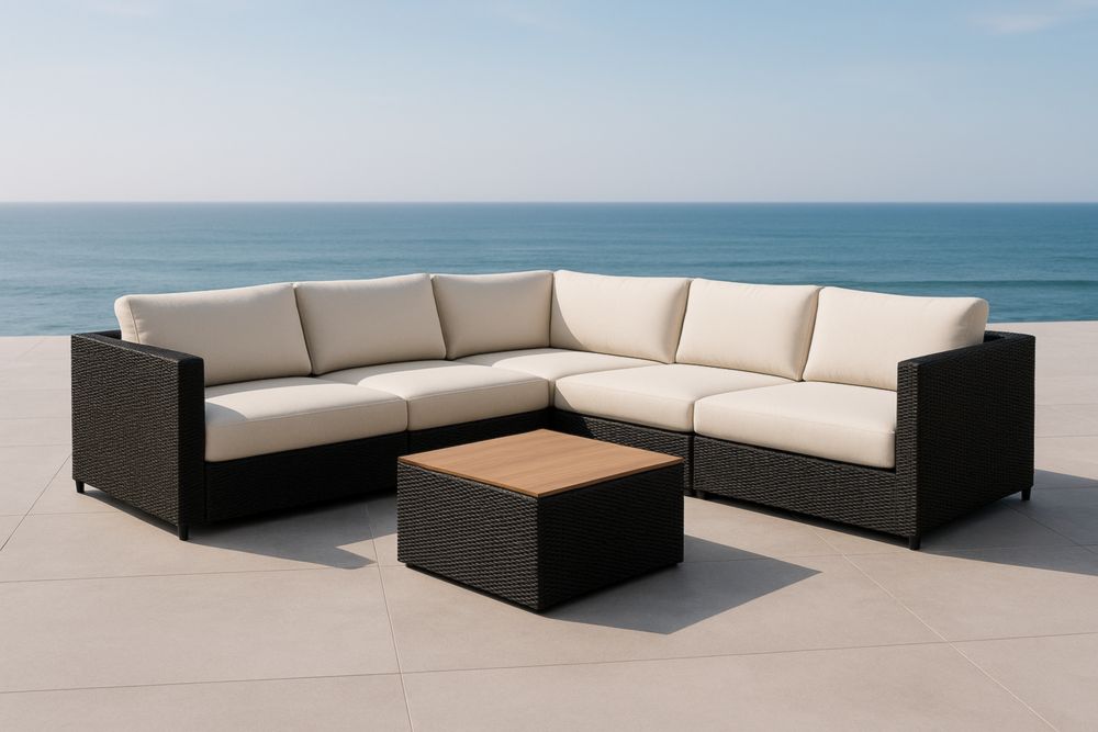 Set Divano ad angolo Modulare in Rattan Sintetico Nero con Cuscini Beige