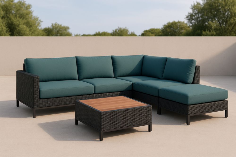 Set Divano ad angolo da Esterno in Rattan Sintetico con Cuscini in Poliestere Verde e Tavolino in Legno