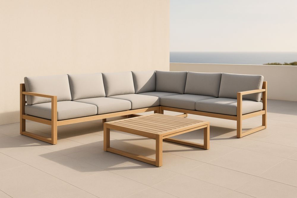 Set salotto angolare da esterno in legno massello e tessuto poliestere