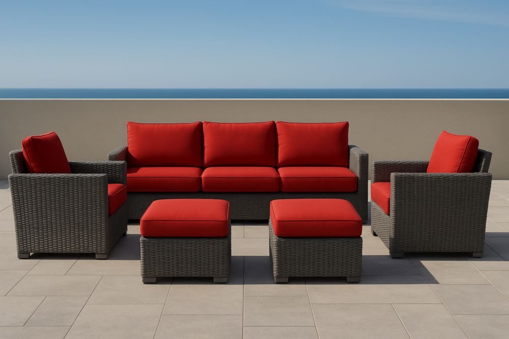 Set Divani da Esterno in Rattan con Cuscini Rossi