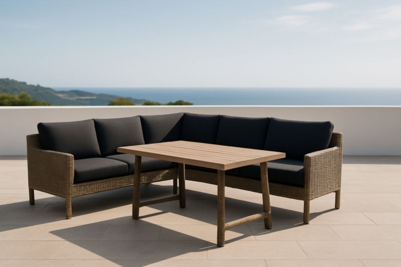 Set Divano ad angolo da Esterno in Rattan con Cuscini Neri e Tavolo in Legno