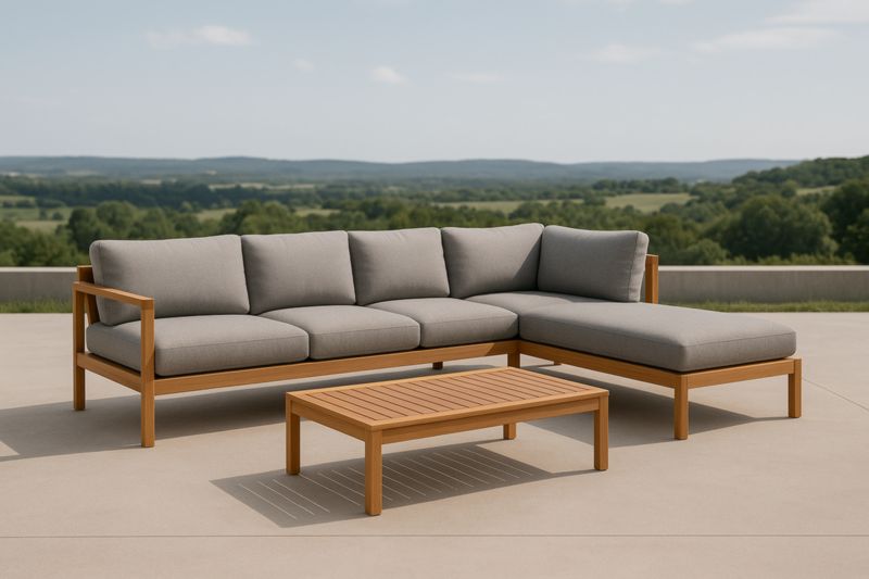 Divano ad angolo da esterno in legno e tessuto grigio con tavolino