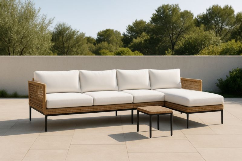 Divano ad angolo da Esterno con Telaio in Metallo e Rattan, Cuscini in Tessuto Bianco