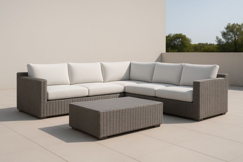 Set Divano ad angolo in rattan con cuscini bianchi, tavolino, grigio