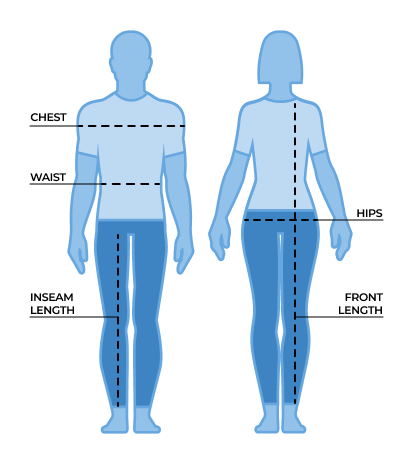 Front and back human figures with measurement lines for sizing guidance