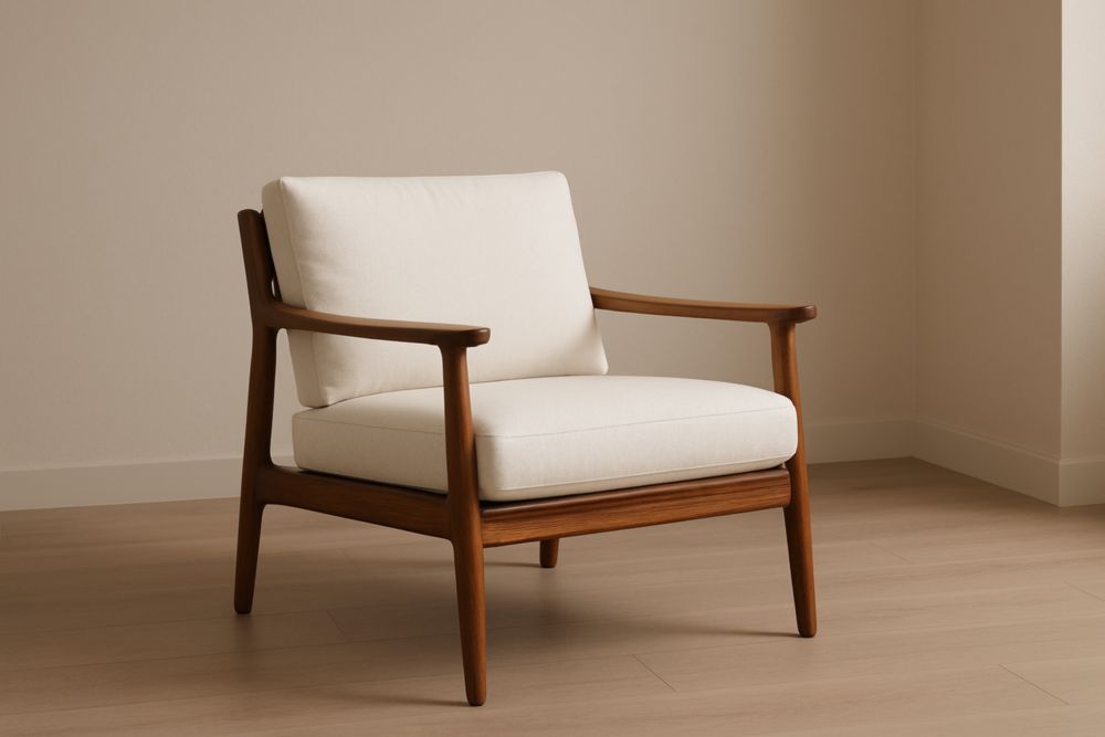 Fauteuil en bois massif avec coussins en lin blanc