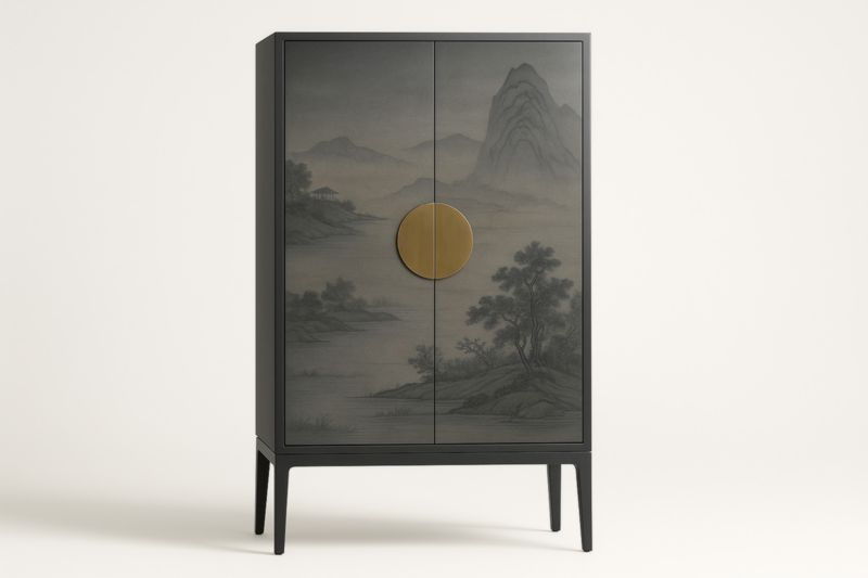 Armoire en bois avec impression paysage portes battantes noir et doré