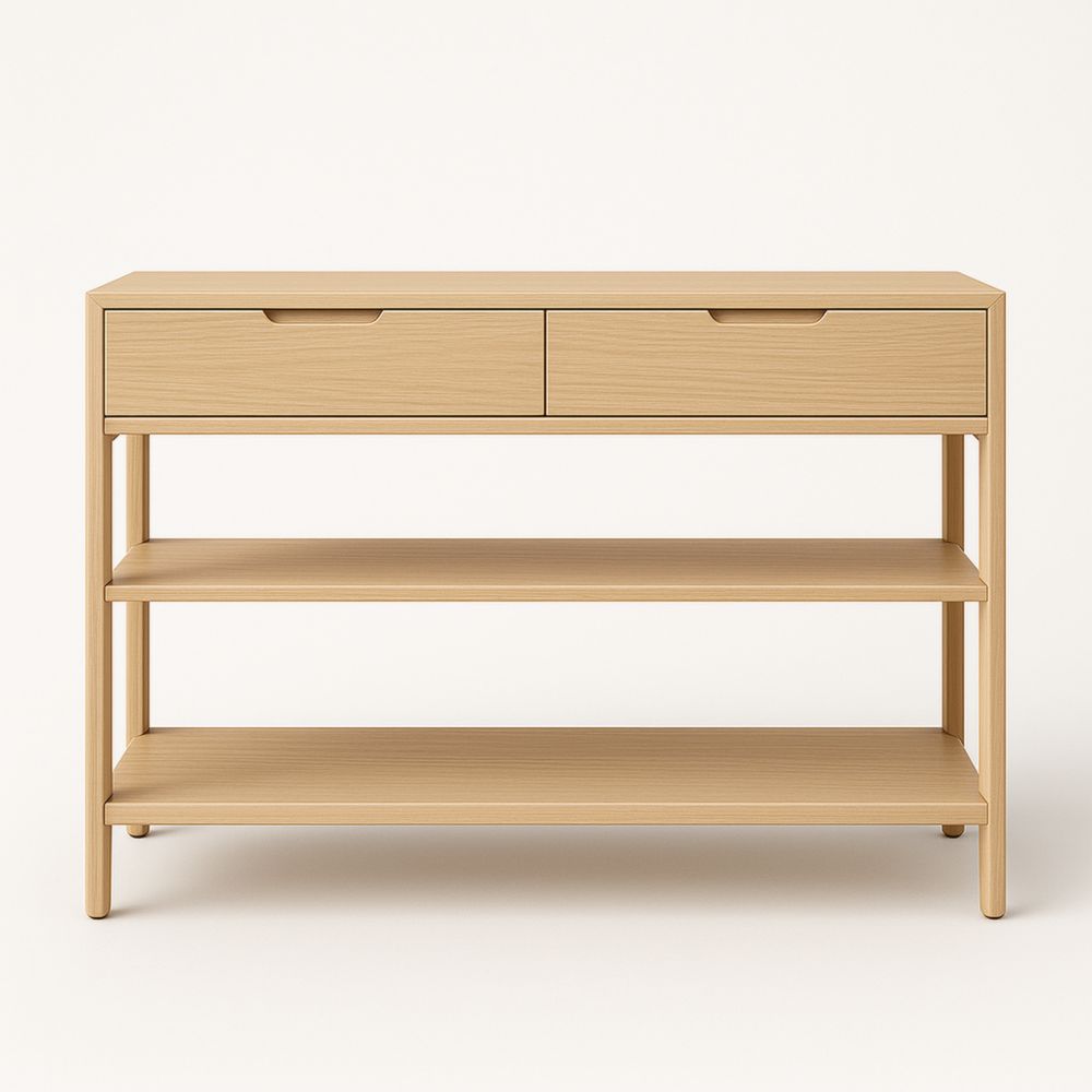 Console en bois avec 2 tiroirs et étagères à double niveau