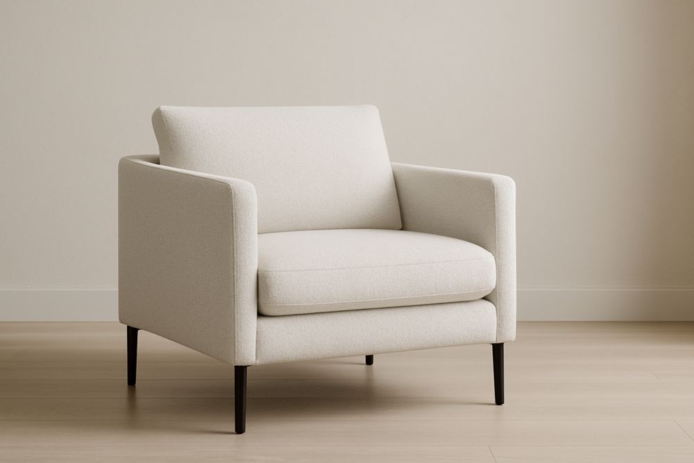 Fauteuil en tissu polyester beige avec pieds en métal noir