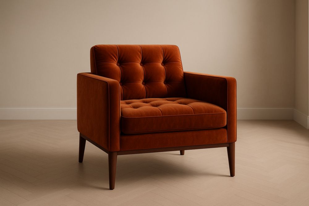 Fauteuil en Velours Orange avec Structure en Bois
