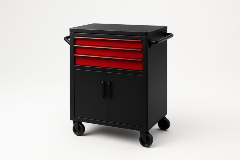 Chariot à outils en acier noir avec tiroirs rouges et 4 roues 70x35x85 cm