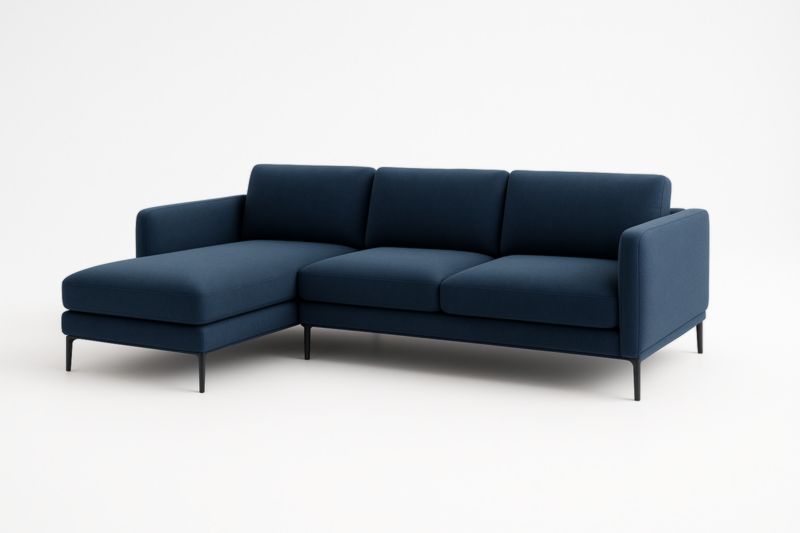 Canapé d'angle en tissu bleu marine avec structure en métal