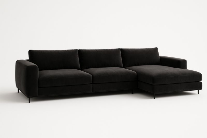 Canapé d'angle en tissu chenille noir avec méridienne droite