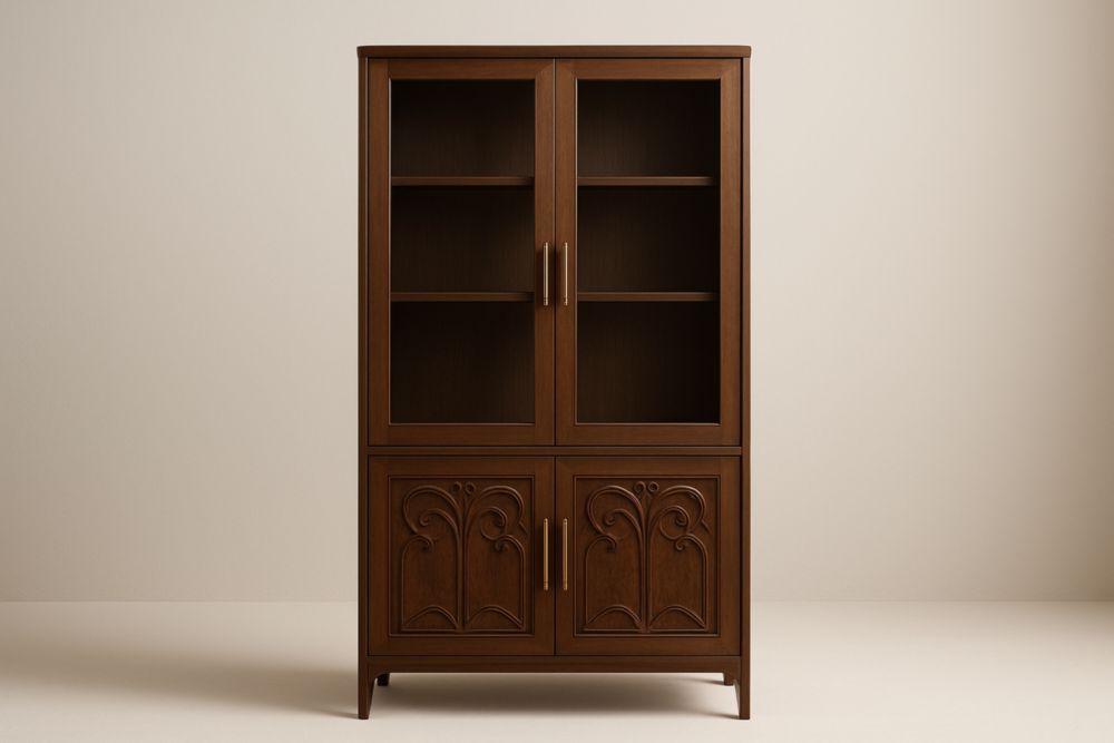 Vitrine en bois massif avec vitres et portes sculptées 200cm x 100cm x 40cm(H×l×P)