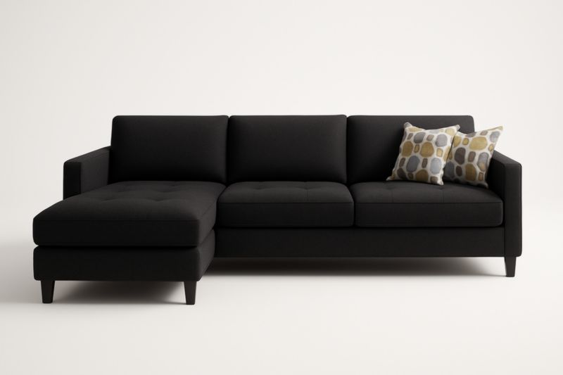 Canapé d'angle en tissu noir avec coussins