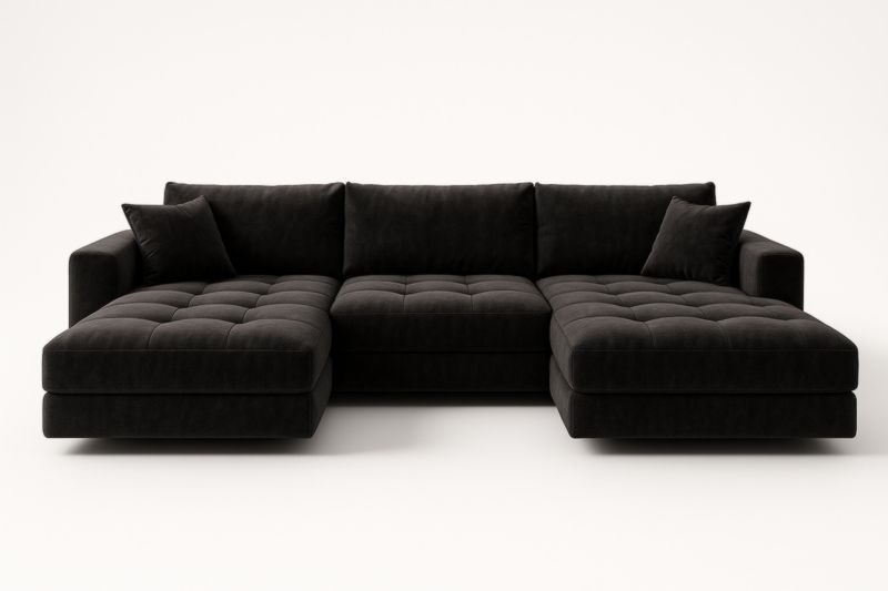 Canapé d'angle en tissu noir avec coussins