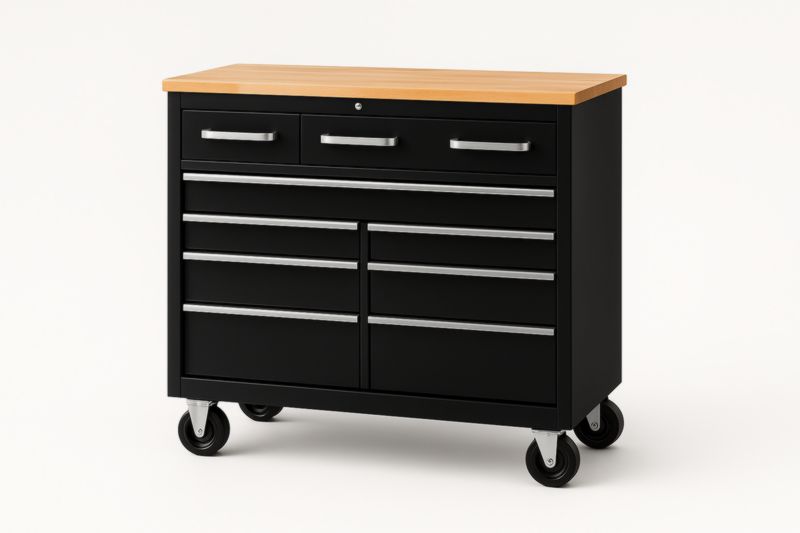 Meuble d'atelier en métal noir avec plateau en bois et roulettes