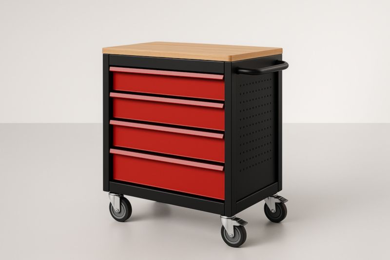 Chariot d'atelier en métal avec plateau en bois et 4 tiroirs rouges