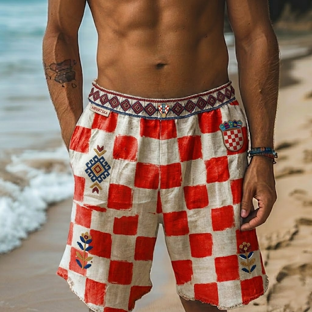 Men's Casual Plaid Shorts With Embroidered Belt
