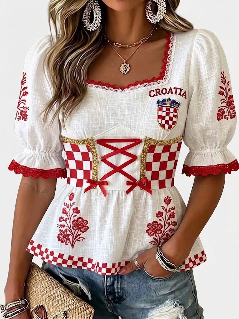 Cotton-Linen Embroidered Croatian Folk-Style Top