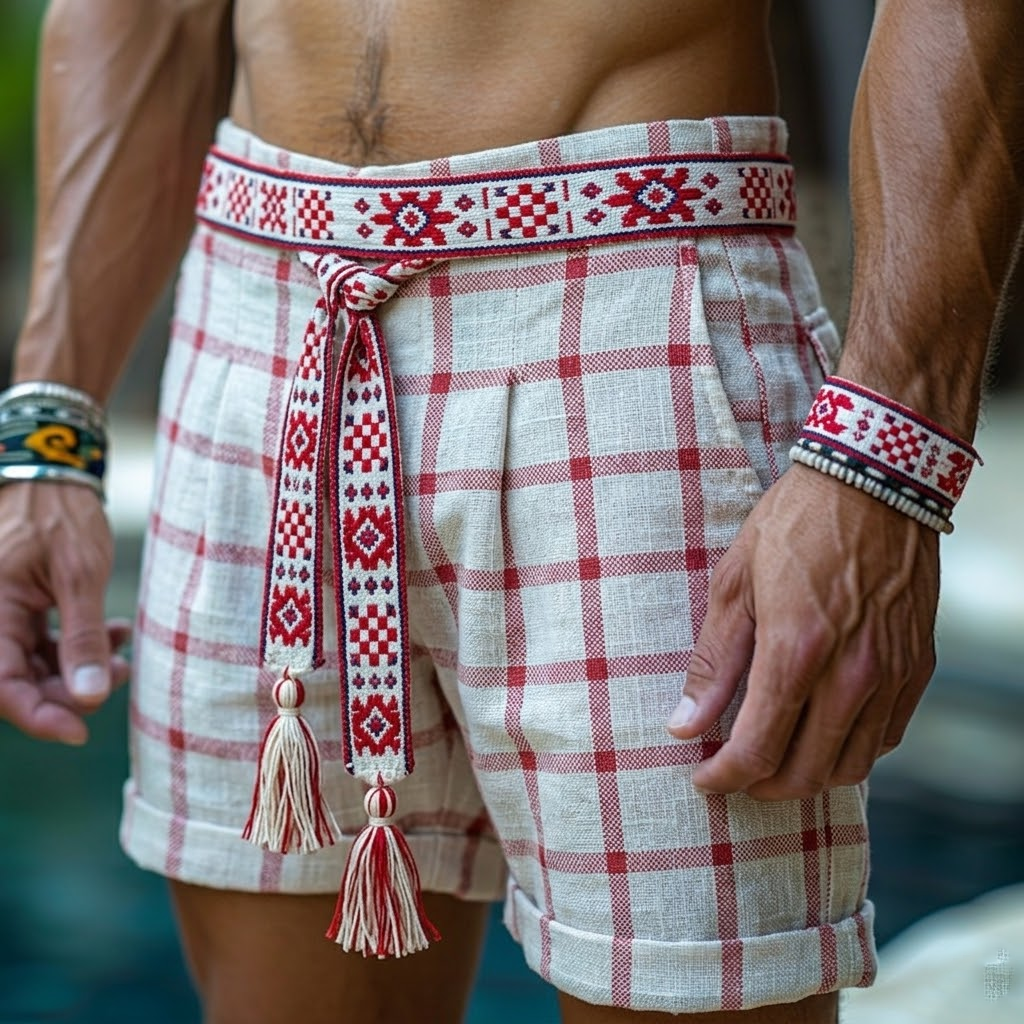 Men's Casual Plaid Shorts With Embroidered Belt