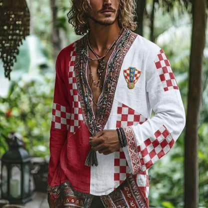 Men's Bohemian Croatia Soccer Theme Embroidered Top
