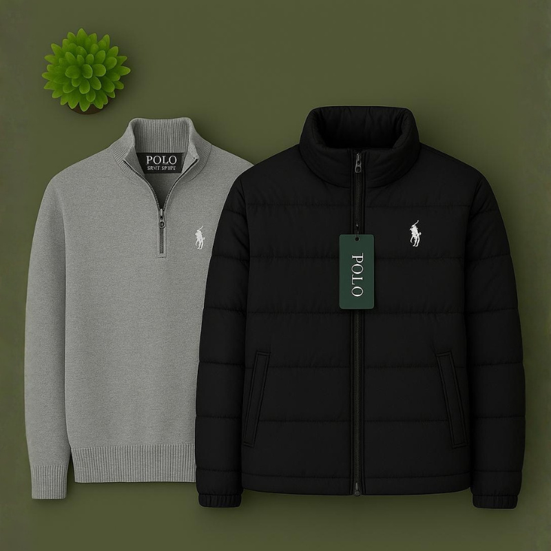  Complete Set - Zip-Up Sweater &amp; Puffer Jacket