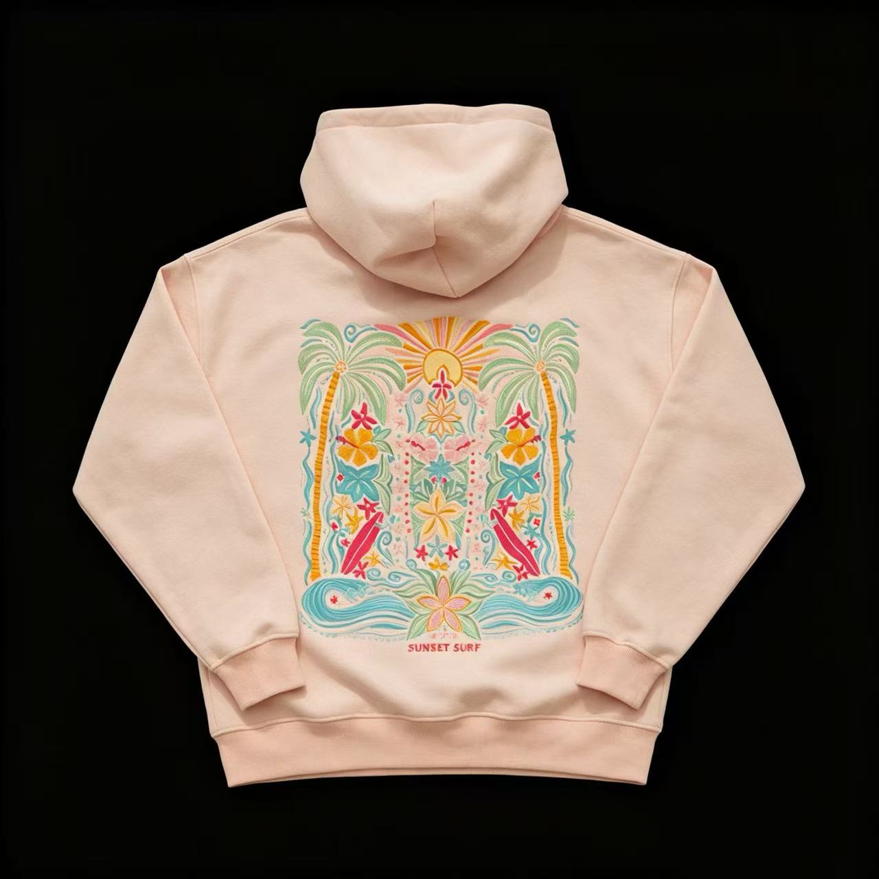 Sunset Surf Tropical Embroidered Pullover Hoodie