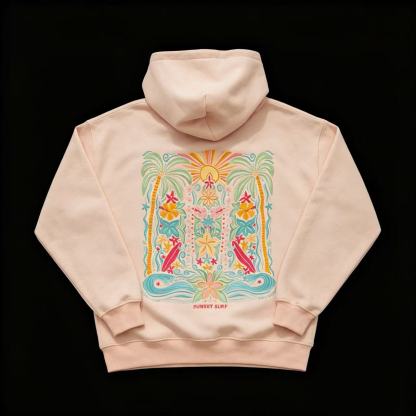 Sunset Surf Tropical Embroidered Pullover Hoodie