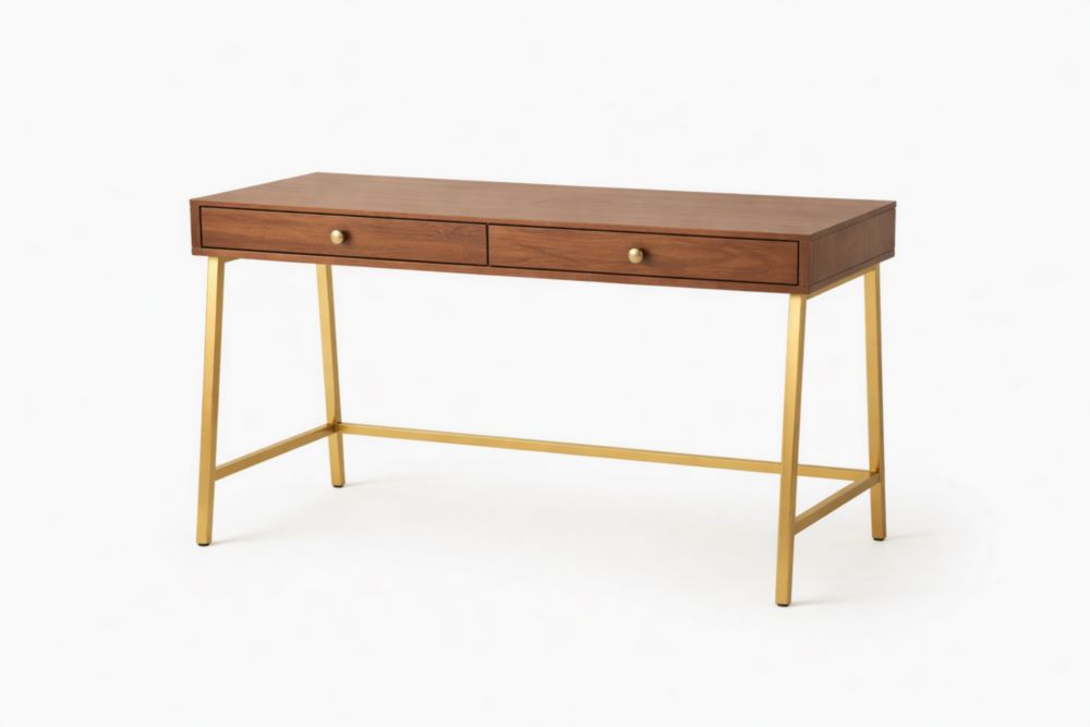 Bureau en bois de noyer avec pieds en métal doré 120x60x75 cm-elmroven