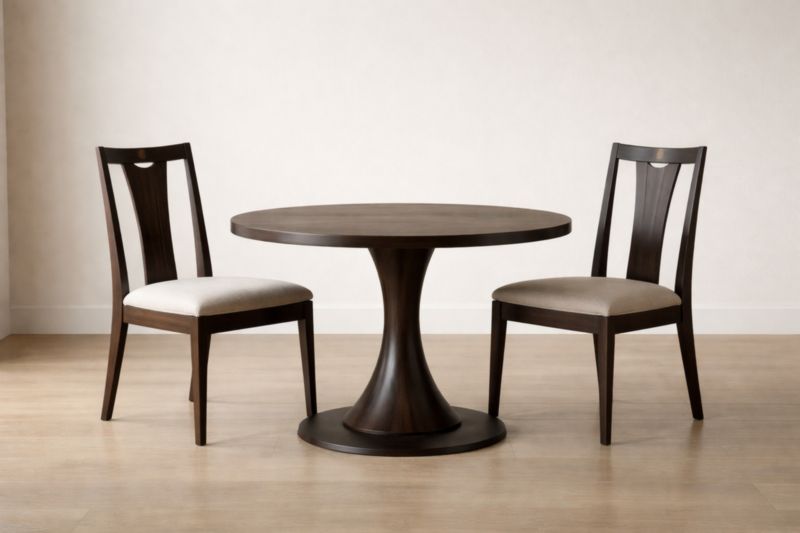 Table ronde en bois massif avec deux chaises en tissu marron foncé-elmroven