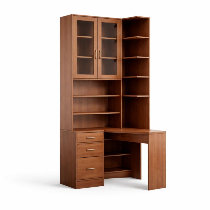 Bureau d'angle avec étagères en bois et verre trempé marron-elmroven