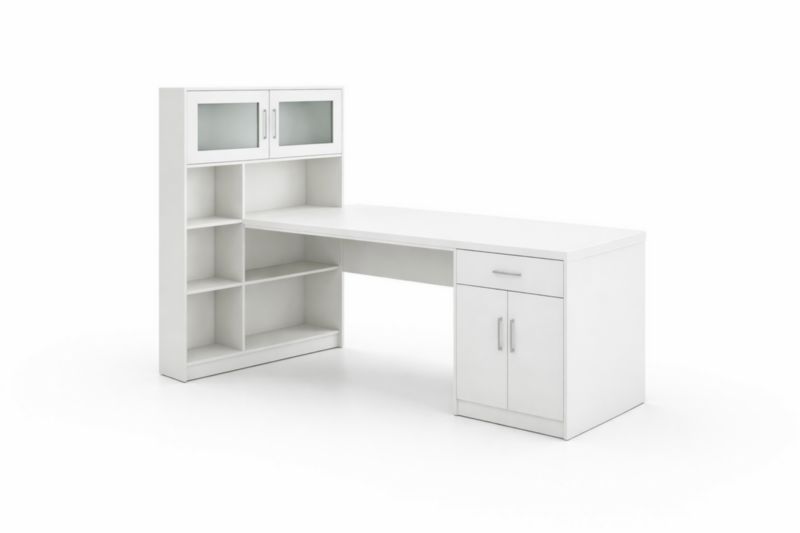 Bureau d'angle en bois composite avec portes en verre trempé blanc-elmroven