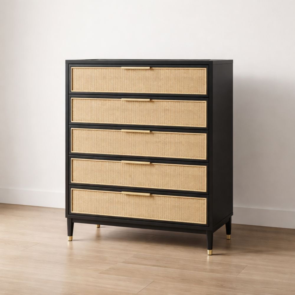 Commode noir en bois MDF avec cinq tiroirs en rotin-maplegorn
